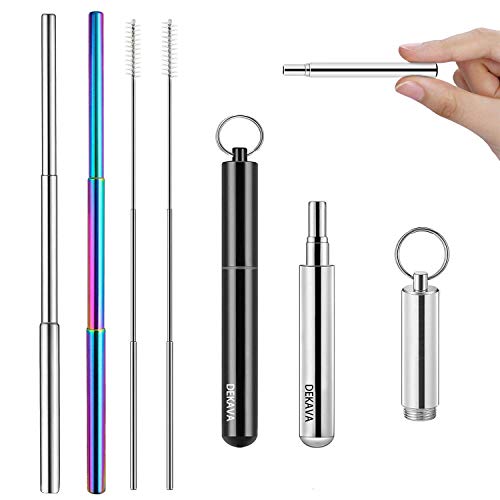 2 Pack Portable Collapsible Reusable Drinking Straws Telescopic Folding Stainless Steel Metal Straw with Aluminum Case Cleaning Brush 