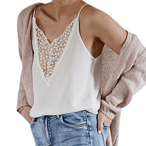 Xavigio Women Tops and Blouses Women s Summer Lace Patchwork VNeck Camis Sexy Sleeveless Halter Shirt Blouse White