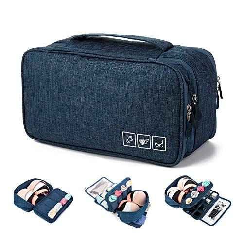 MODARANI Threeply Travel Bra Underwear Organizer Case Waterproof Travel Toiletry Bag Navy